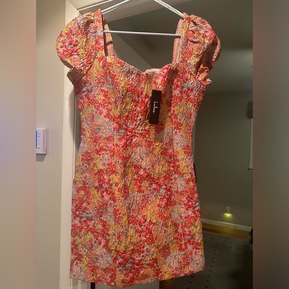 Lulus Sweetest Essence Blush Floral Jacquard Puff Sleeve Mini Cocktail Dress - Picture 5 of 8